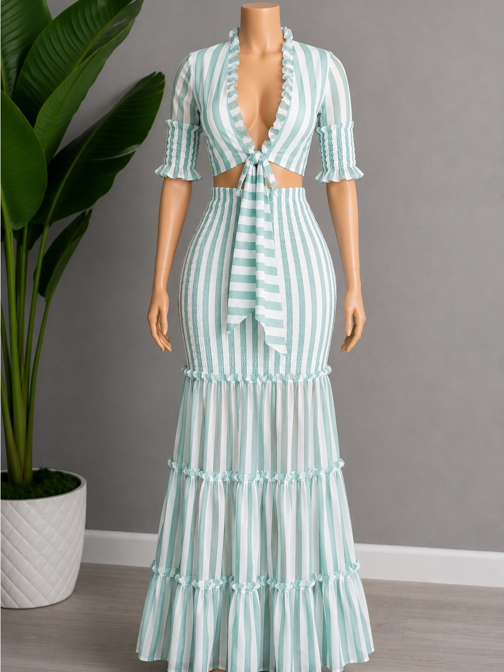 Green and White Striped Two-Piece Maxi Set